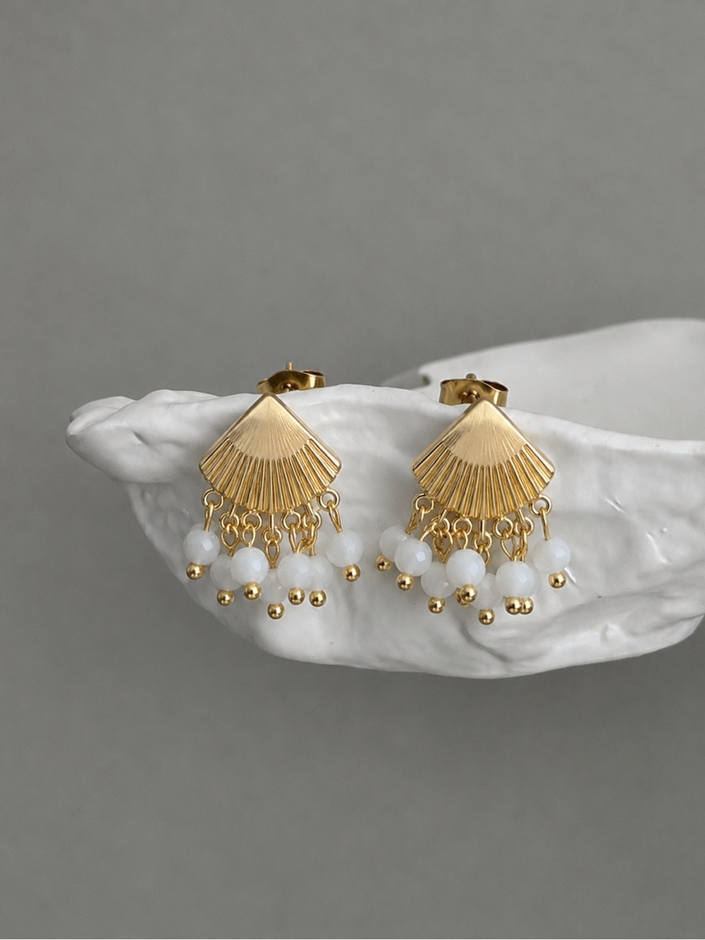 Gold Fan Drop Earrings with White Bead Tassels - Women Jewelry